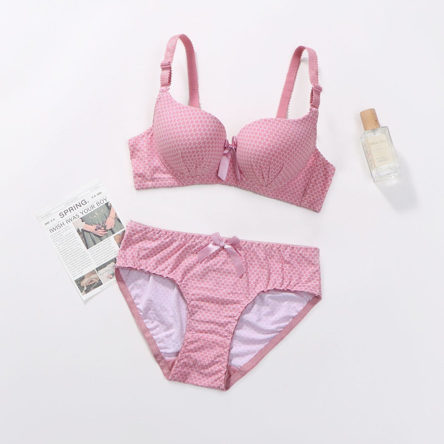 Dotted cotton medium cup lace wired bra set