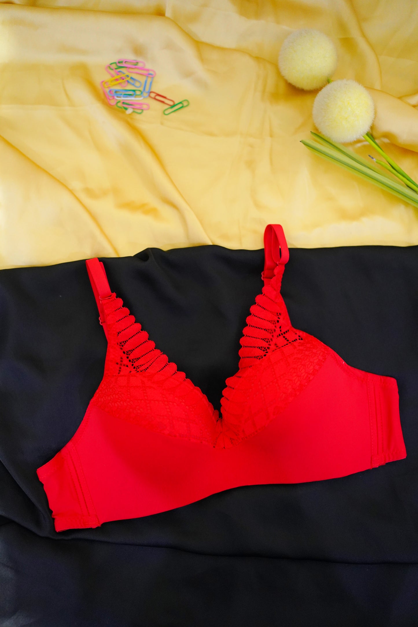 Single pad upper lace V shape bra