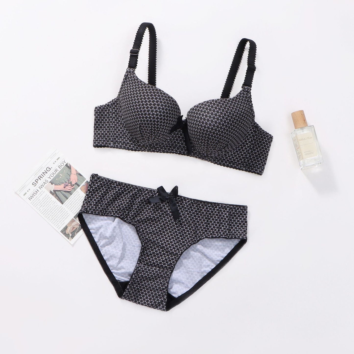 Dotted cotton medium cup lace wired bra set