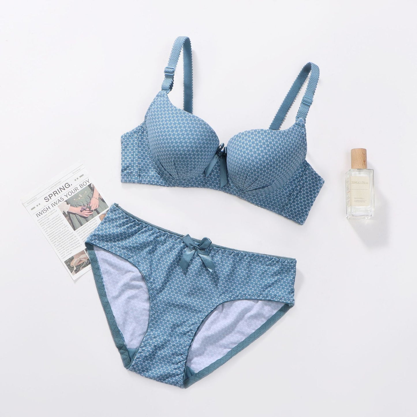 Dotted cotton medium cup lace wired bra set