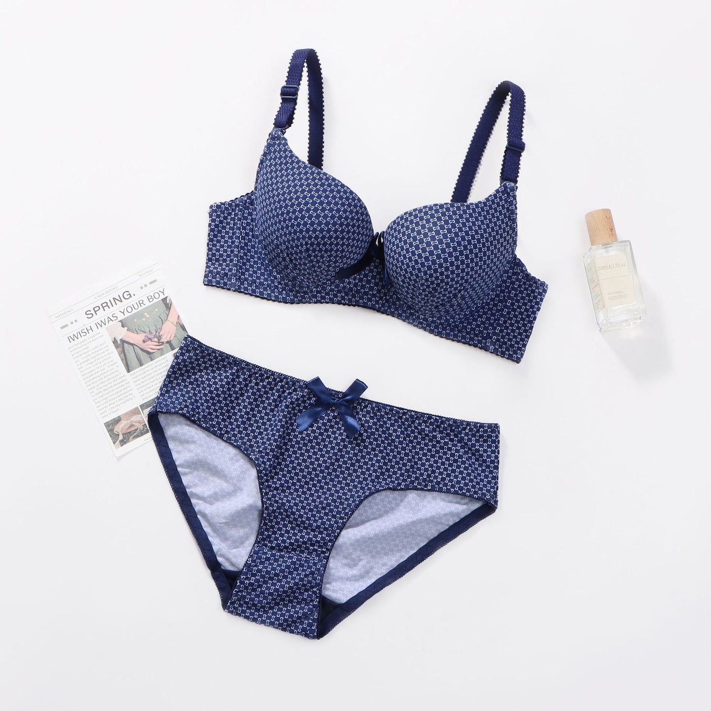 Dotted cotton medium cup lace wired bra set