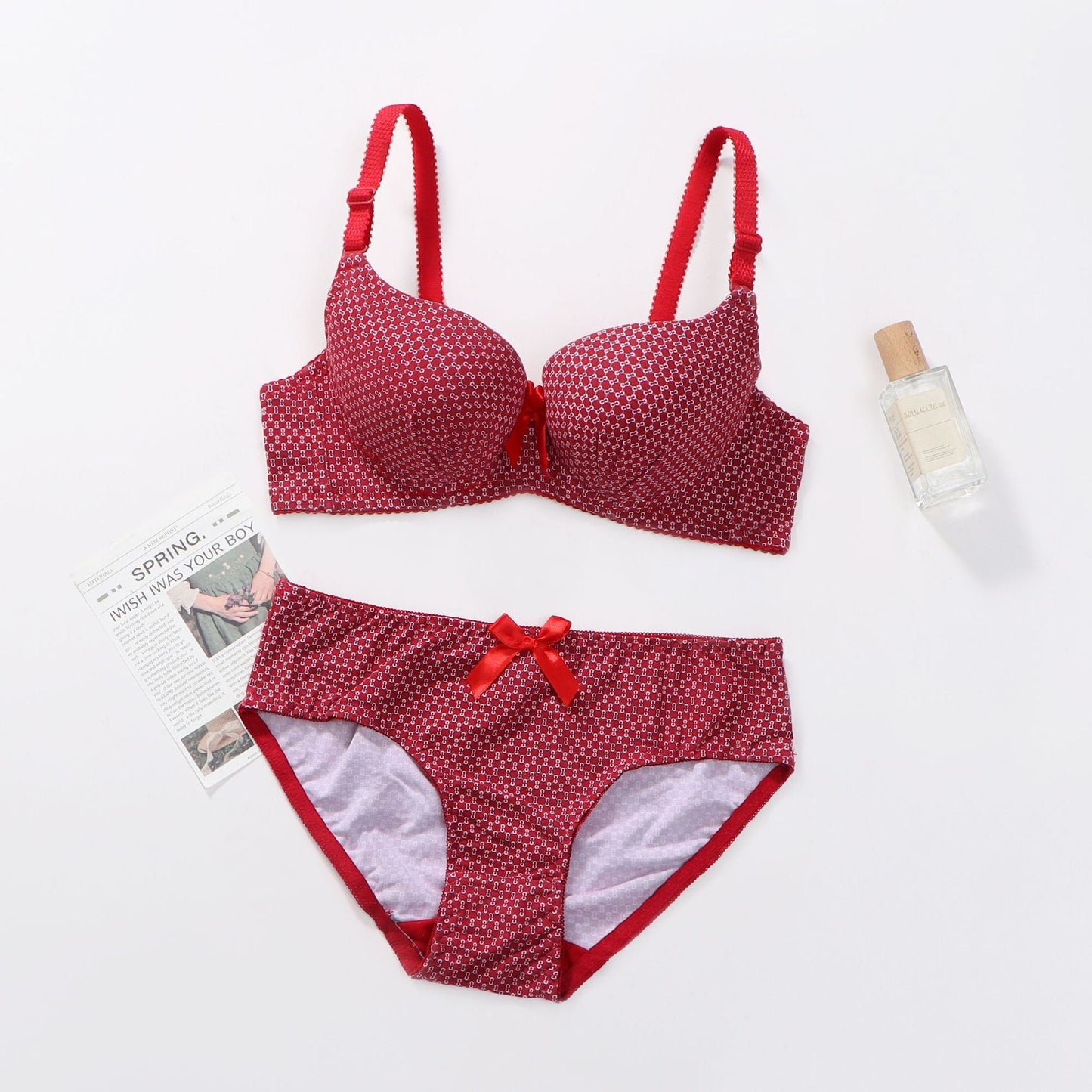 Dotted cotton medium cup lace wired bra set