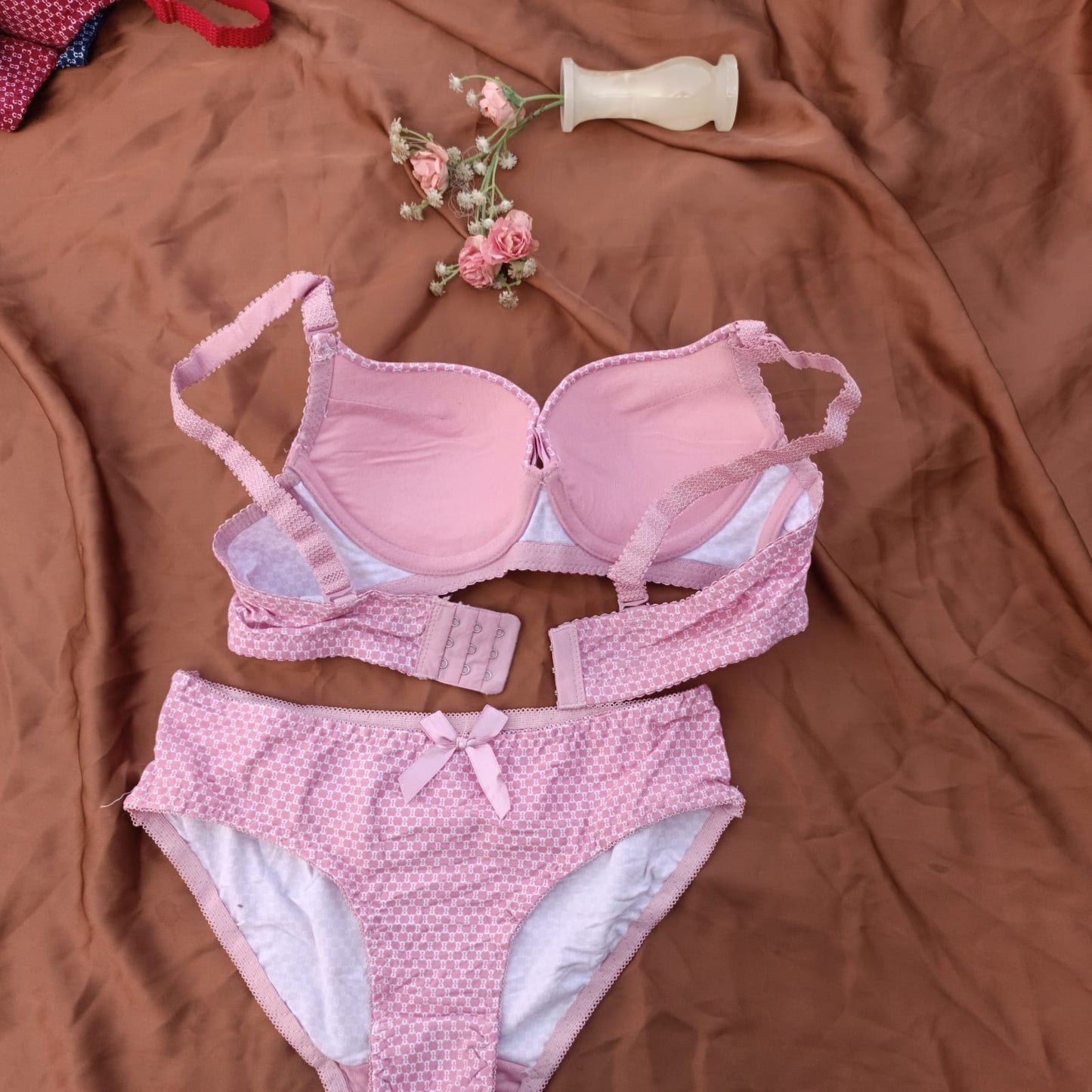 Dotted cotton medium cup lace wired bra set