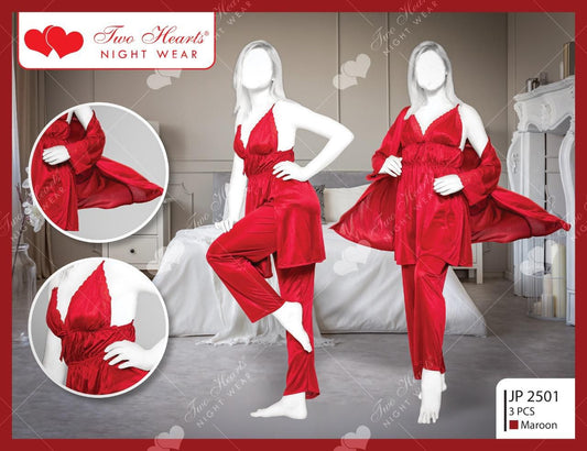 3 pc silk PJ nighty with short gown