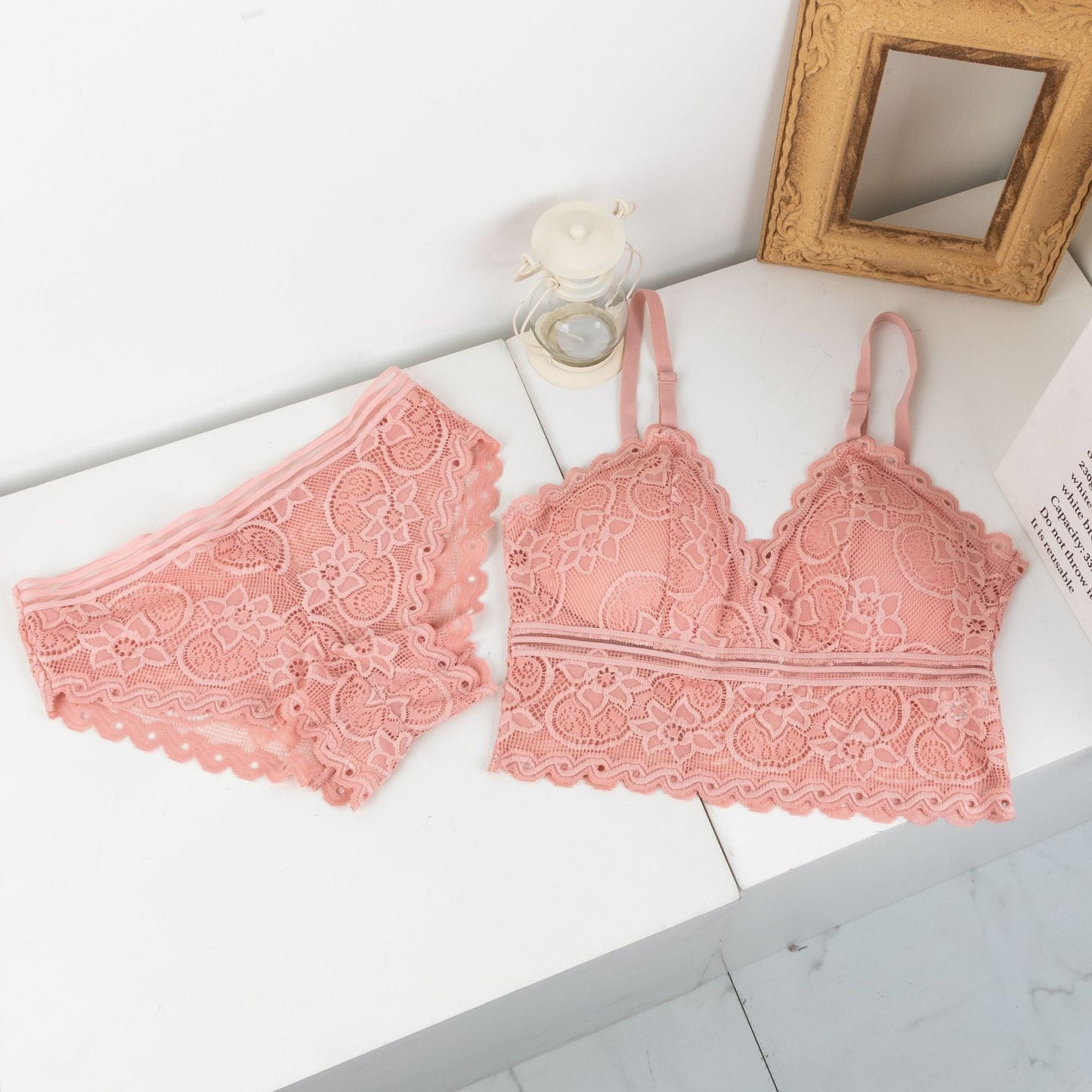 Mid lace fancy back cover bra & panty set