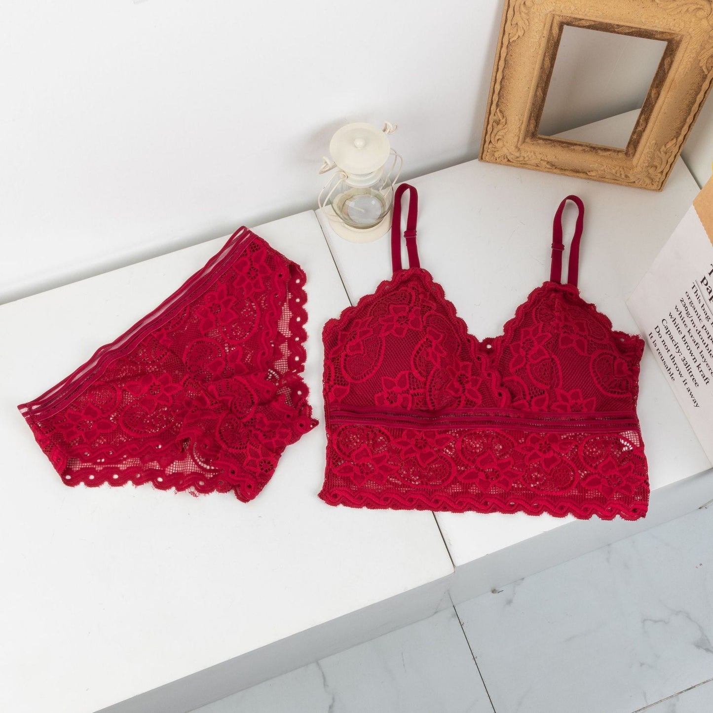 Mid lace fancy back cover bra & panty set