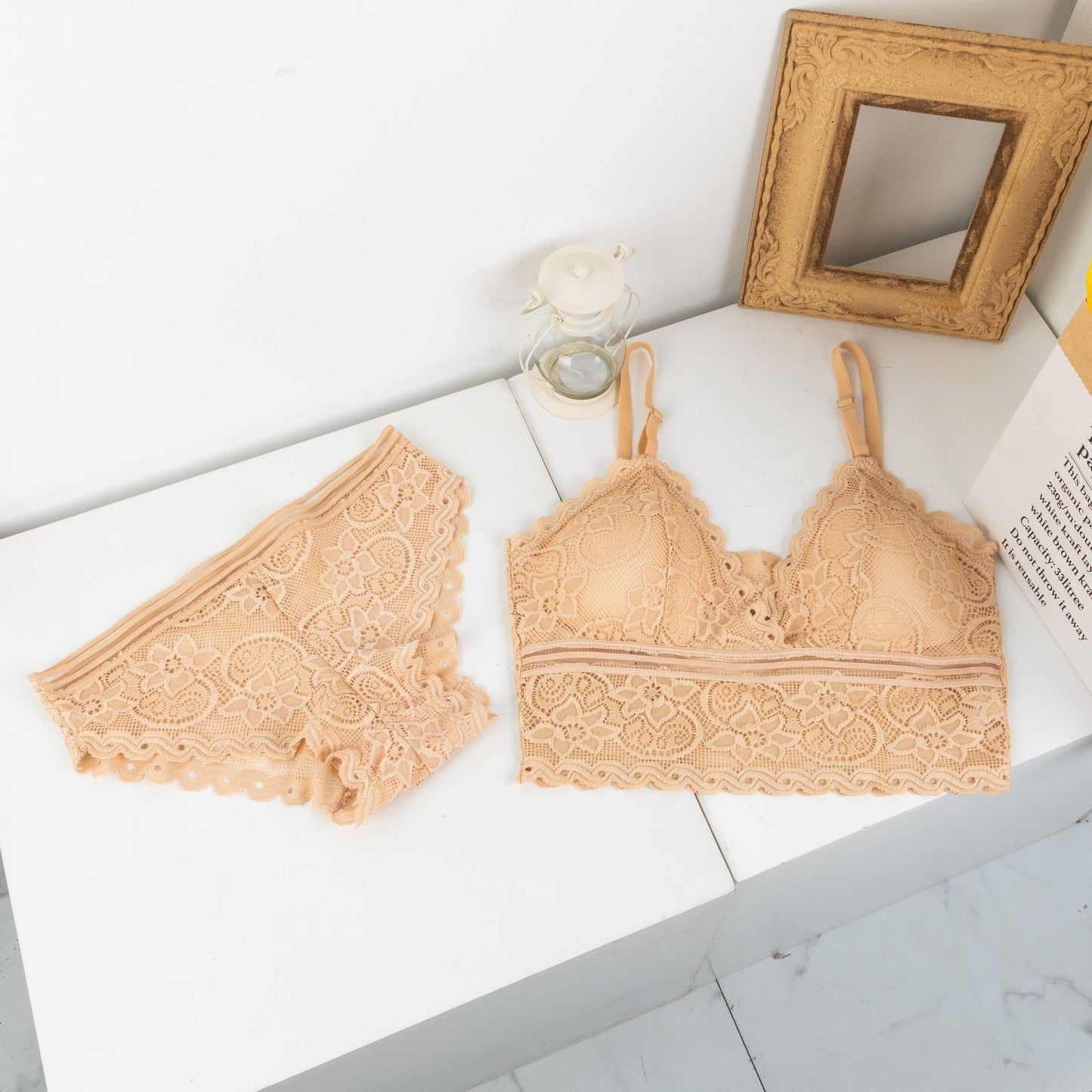 Mid lace fancy back cover soft bra & panty set